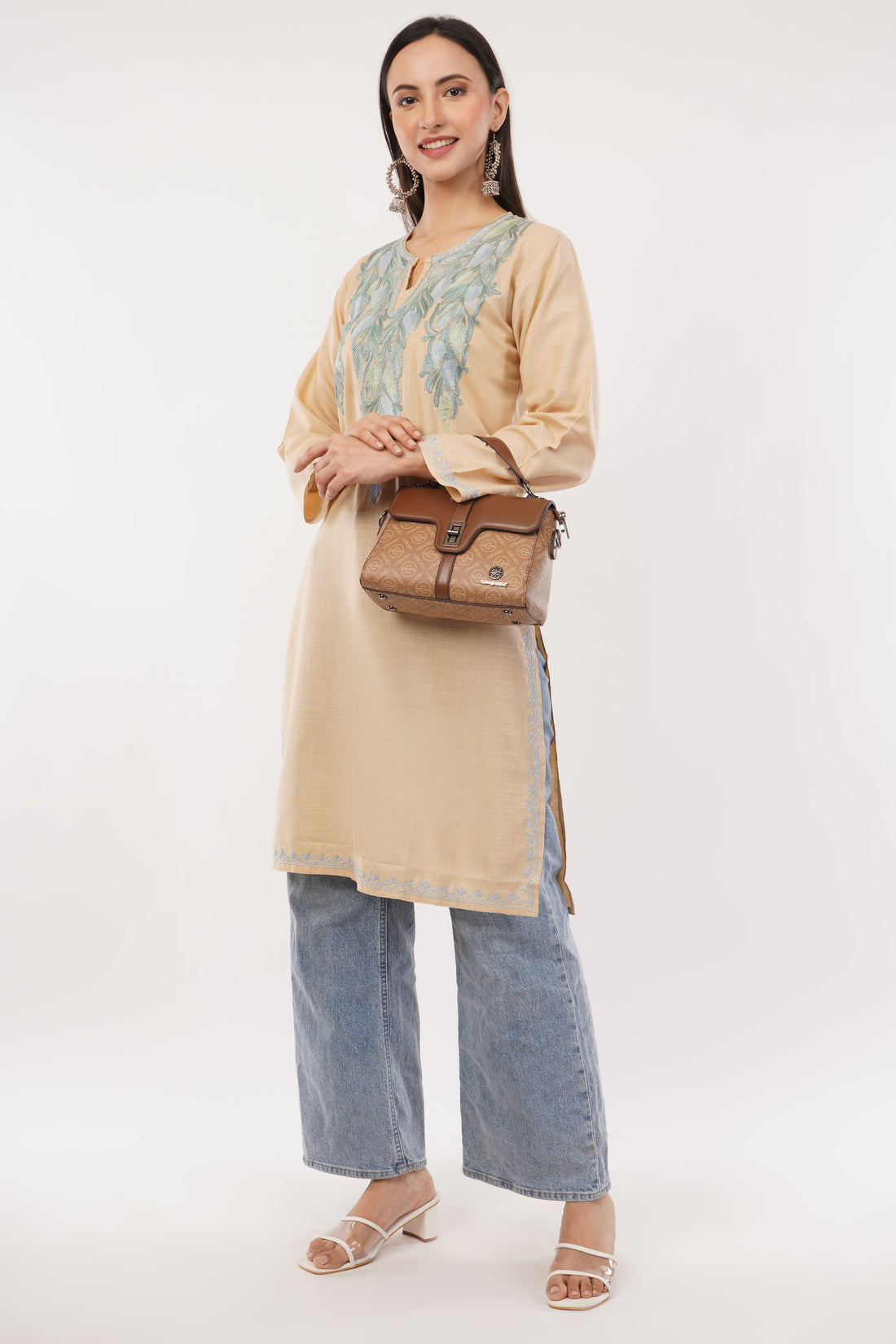 Kashmiri Aari embroidery Cotton Long Kurti Size-38 (Beige)