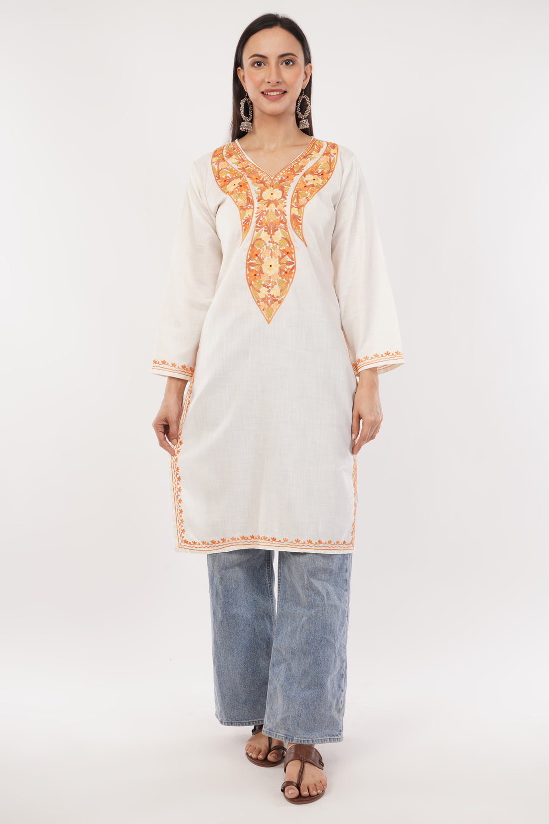 Kashmiri Aari embroidery Cotton Long Kurti Size-38 (White)