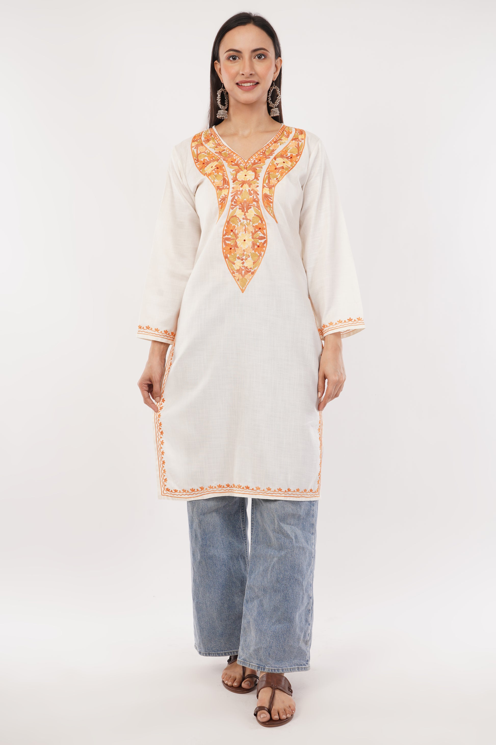 Kashmiri Aari embroidery Cotton Long Kurti Size-38 (White)