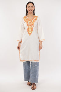 Kashmiri Aari embroidery Cotton Long Kurti Size-38 (White)