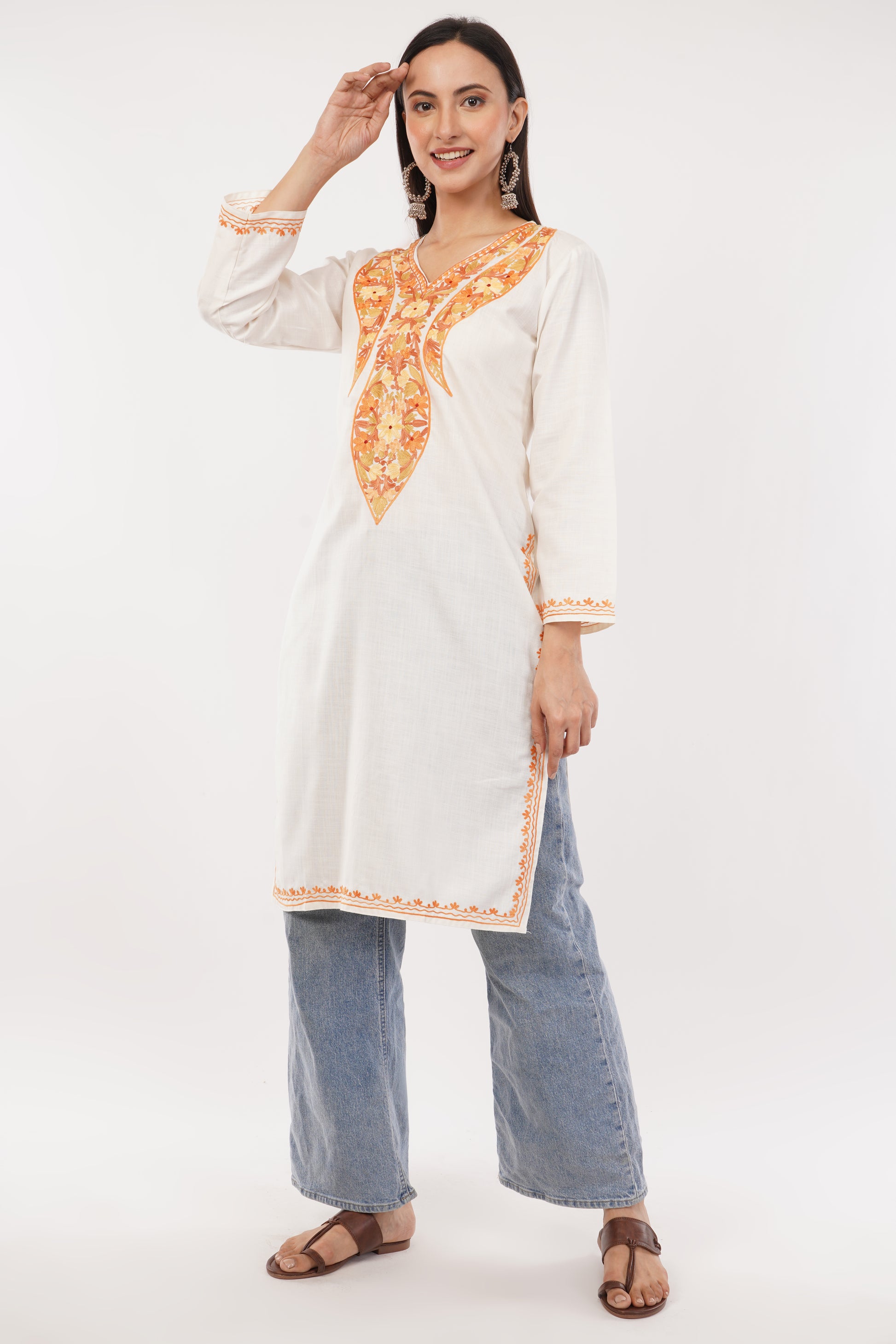 Kashmiri Aari embroidery Cotton Long Kurti Size-38 (White)
