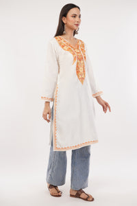 Kashmiri Aari embroidery Cotton Long Kurti Size-38 (White)