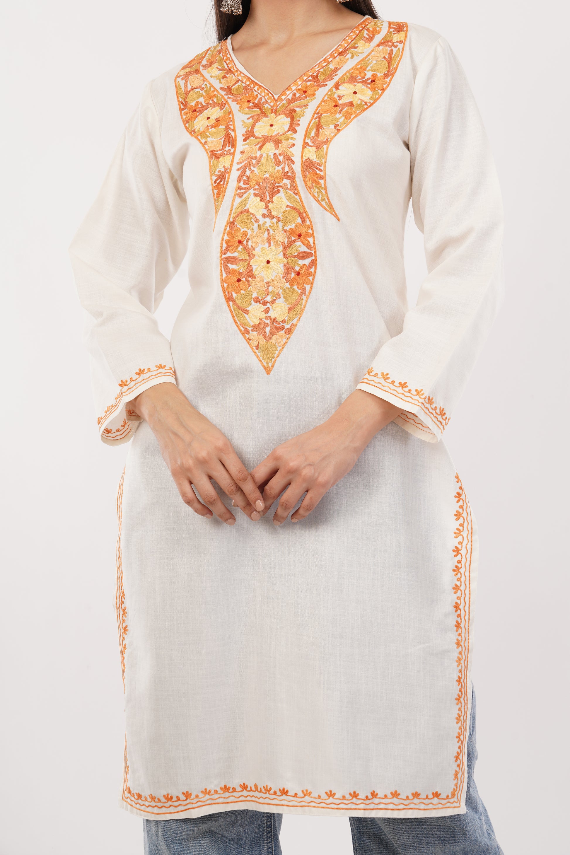 Kashmiri Aari embroidery Cotton Long Kurti Size-38 (White)