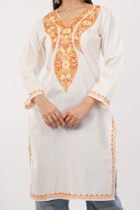 Kashmiri Aari embroidery Cotton Long Kurti Size-38 (White)