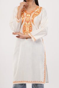 Kashmiri Aari embroidery Cotton Long Kurti Size-38 (White)