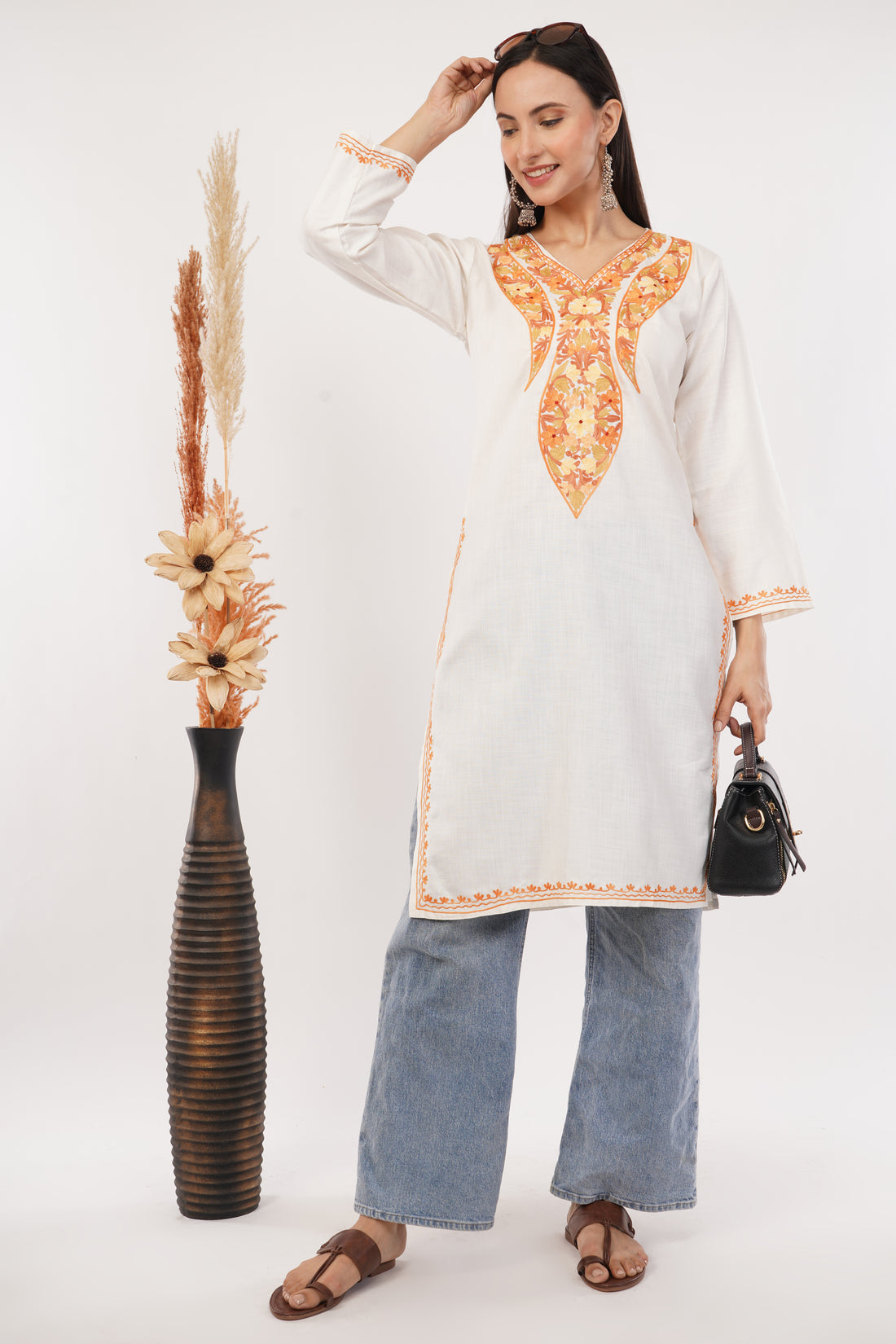 Kashmiri Aari embroidery Cotton Long Kurti Size-38 (White)