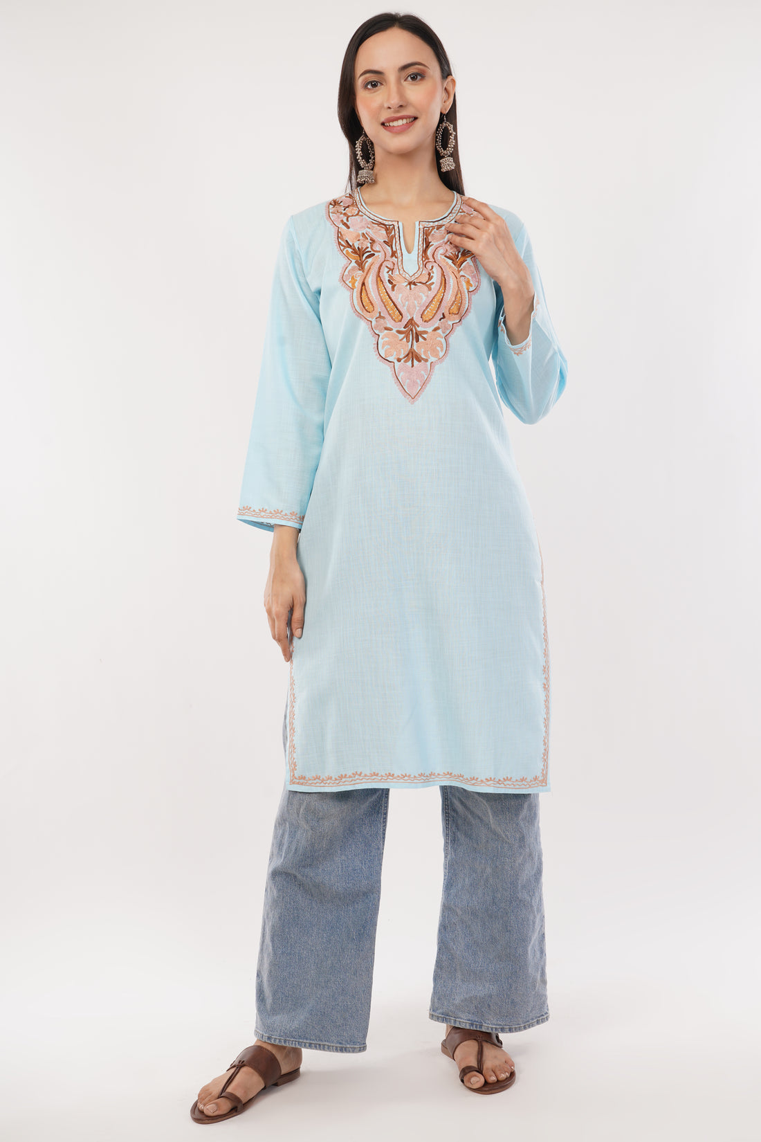 Kashmiri Aari embroidery Cotton Long Kurti Size-38 (Sky Blue)