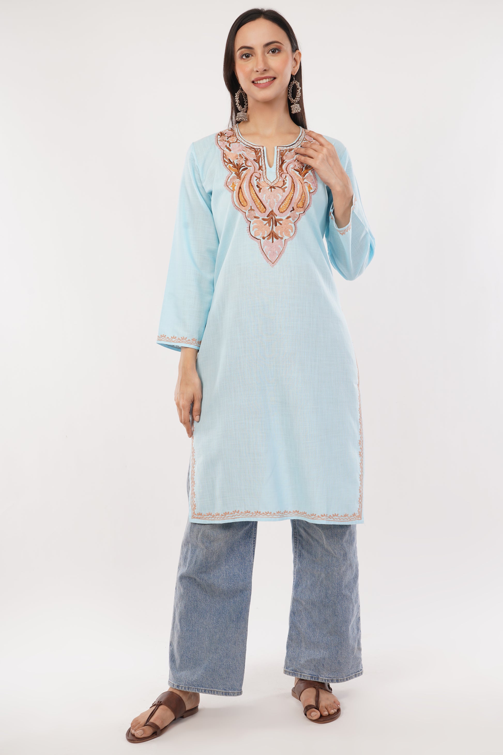 Kashmiri Aari embroidery Cotton Long Kurti Size-38 (Sky Blue)