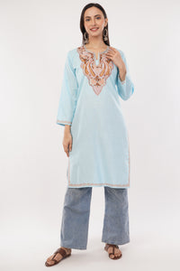 Kashmiri Aari embroidery Cotton Long Kurti Size-38 (Sky Blue)