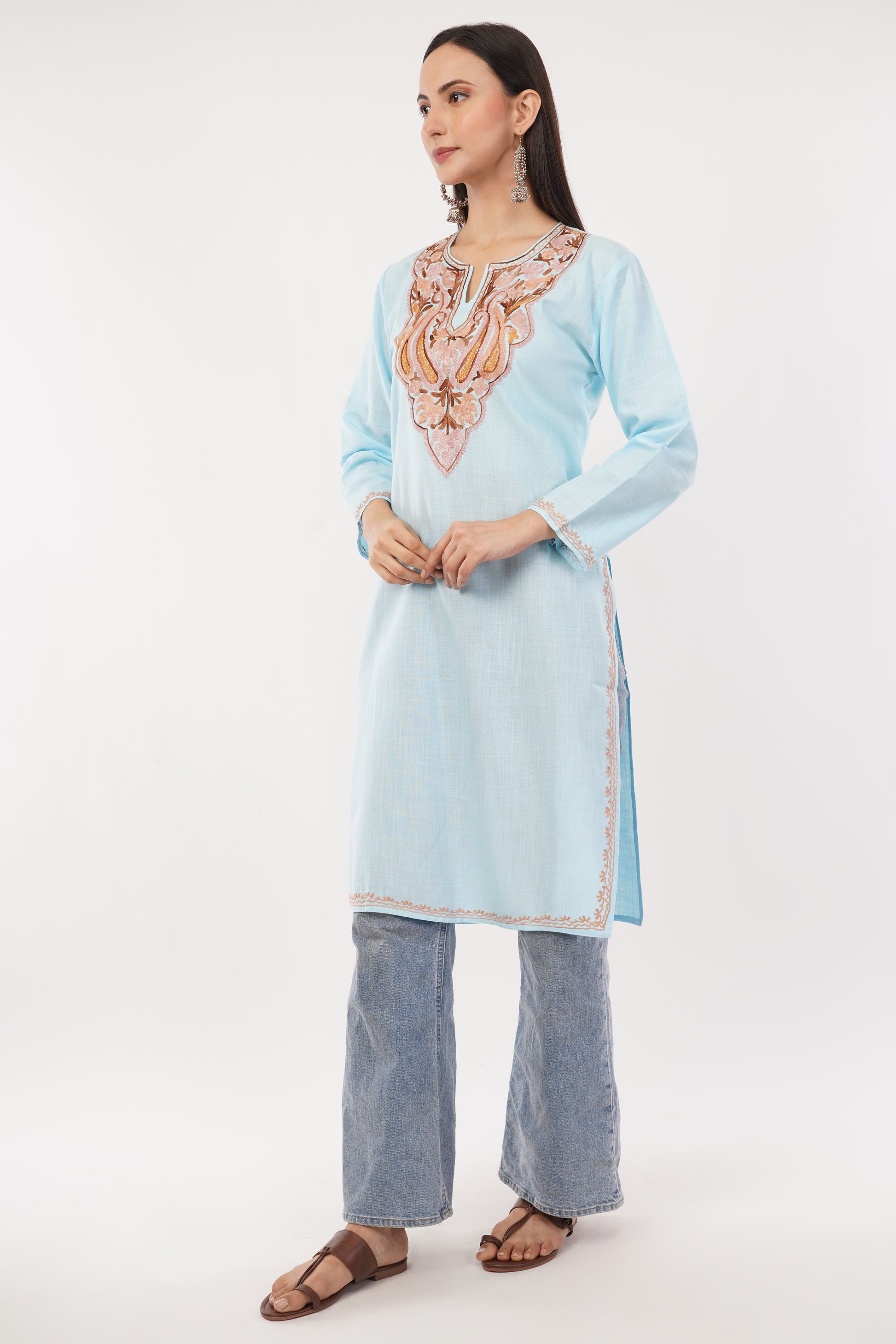 Kashmiri Aari embroidery Cotton Long Kurti Size-38 (Sky Blue)