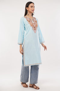Kashmiri Aari embroidery Cotton Long Kurti Size-38 (Sky Blue)