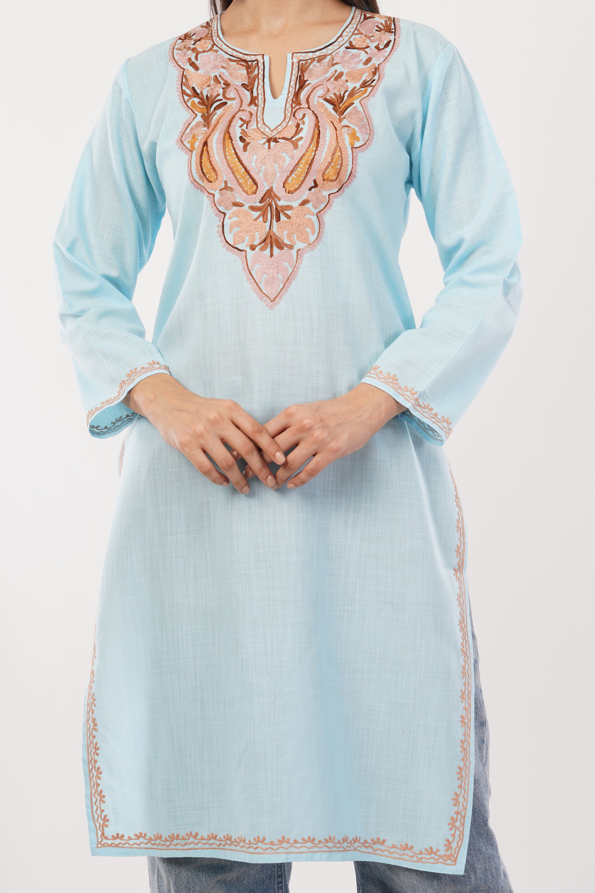 Kashmiri Aari embroidery Cotton Long Kurti Size-38 (Sky Blue)