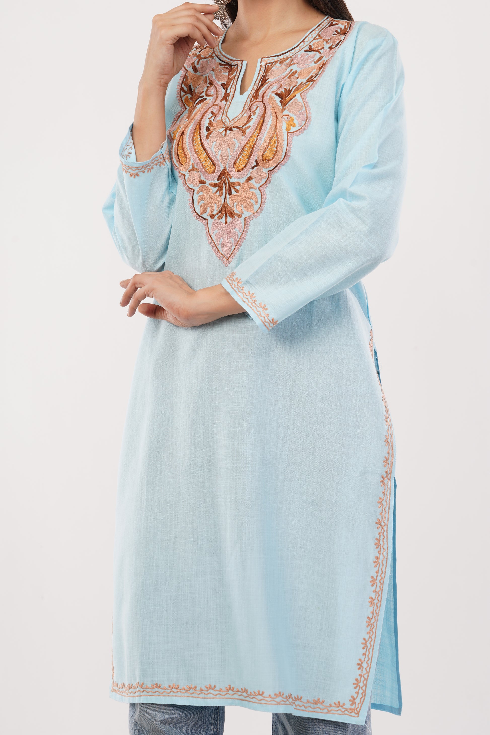 Kashmiri Aari embroidery Cotton Long Kurti Size-38 (Sky Blue)