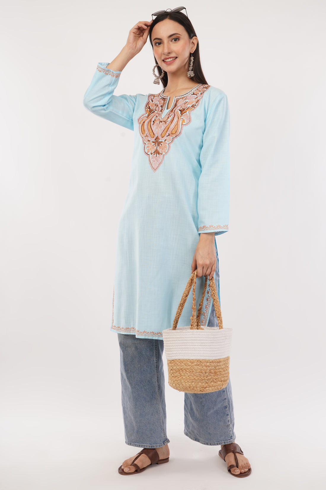 Kashmiri Aari embroidery Cotton Long Kurti Size-38 (Sky Blue)
