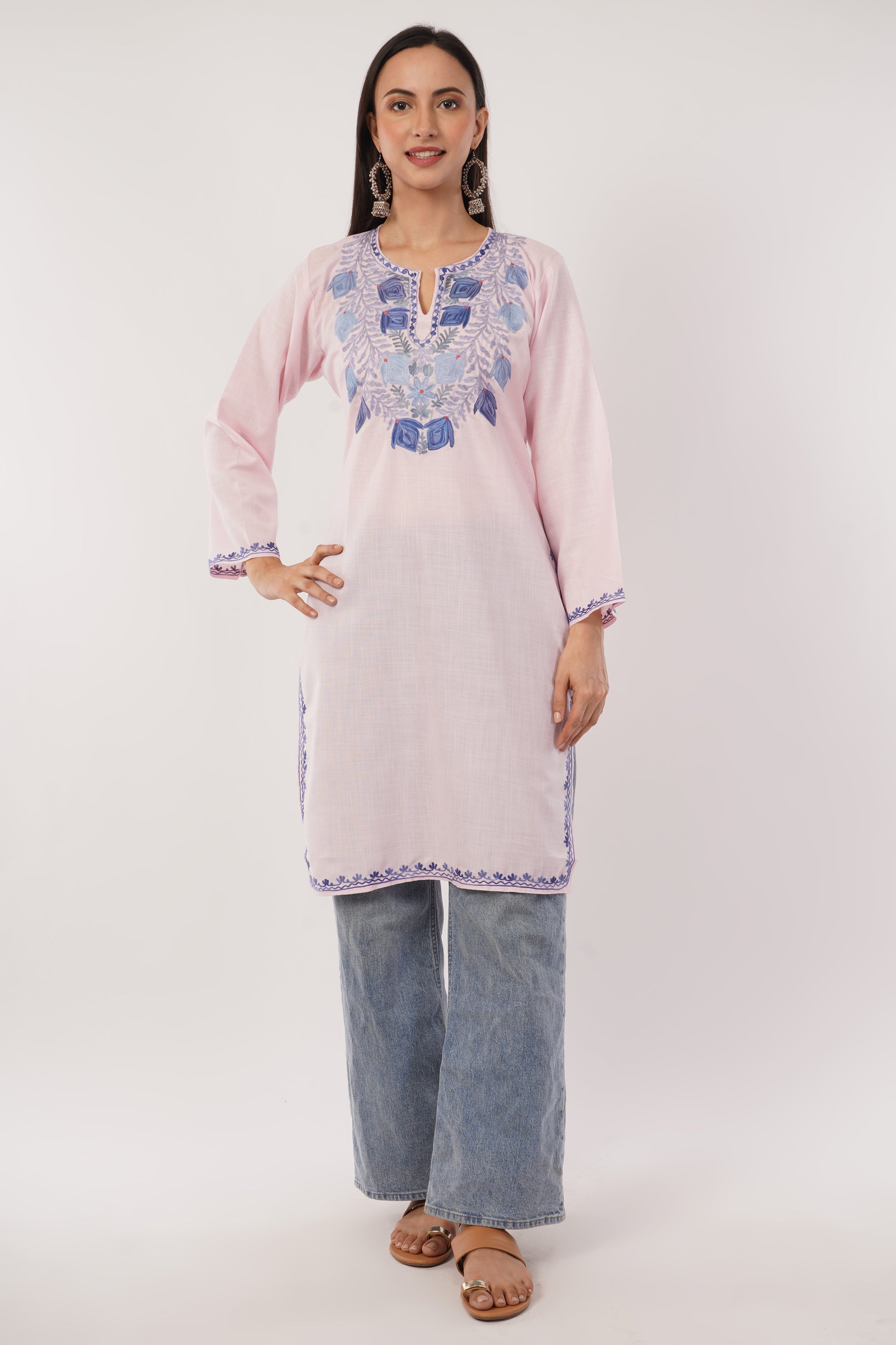 Kashmiri Aari embroidery Cotton Long Kurti Size-38 (Baby Pink)