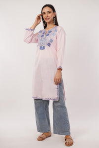 Kashmiri Aari embroidery Cotton Long Kurti Size-38 (Baby Pink)