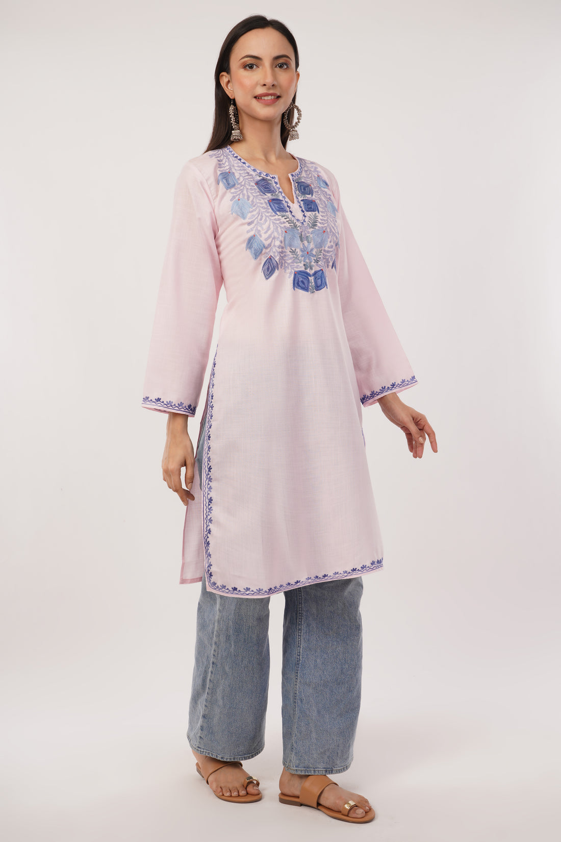 Kashmiri Aari embroidery Cotton Long Kurti Size-38 (Baby Pink)
