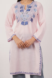 Kashmiri Aari embroidery Cotton Long Kurti Size-38 (Baby Pink)
