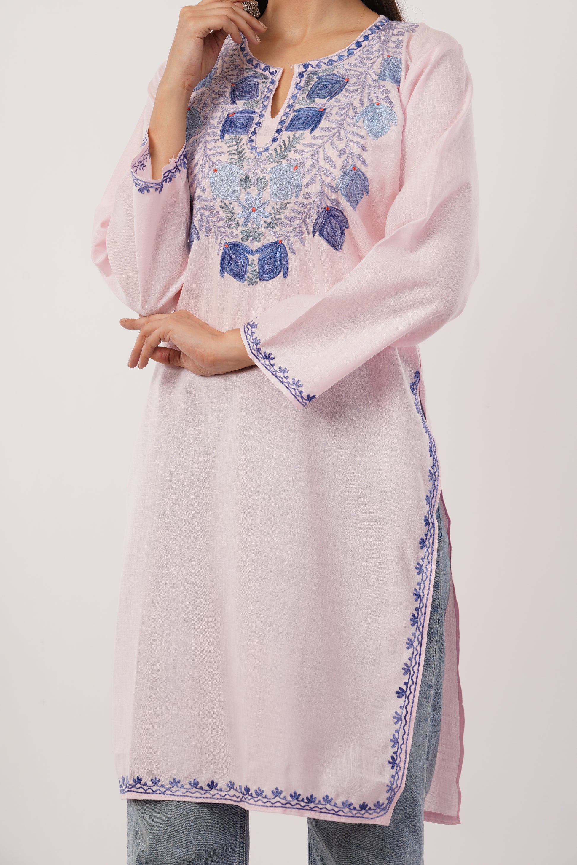 Kashmiri Aari embroidery Cotton Long Kurti Size-38 (Baby Pink)
