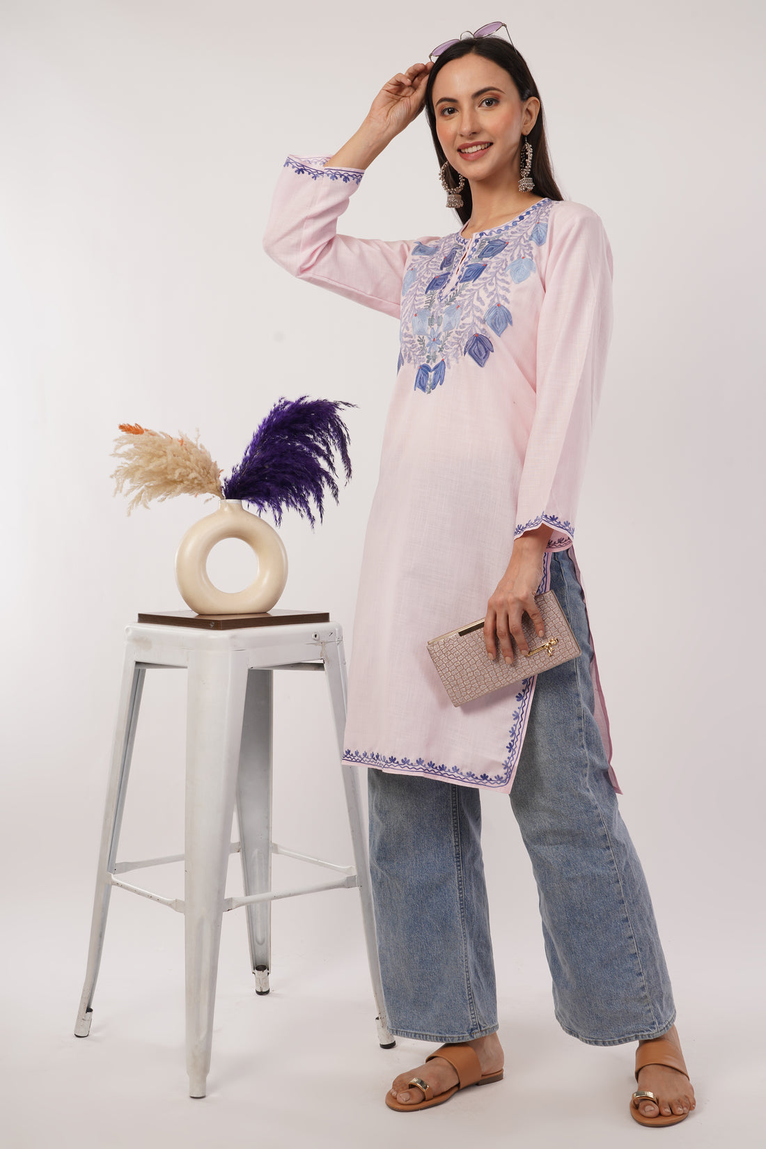 Kashmiri Aari embroidery Cotton Long Kurti Size-38 (Baby Pink)