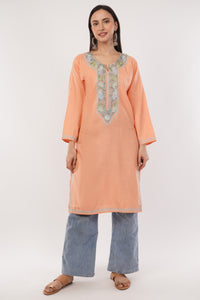Kashmiri Aari embroidery Cotton Long Kurti Size-38 (Peach)