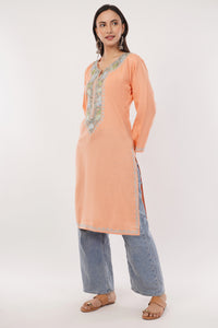 Kashmiri Aari embroidery Cotton Long Kurti Size-38 (Peach)