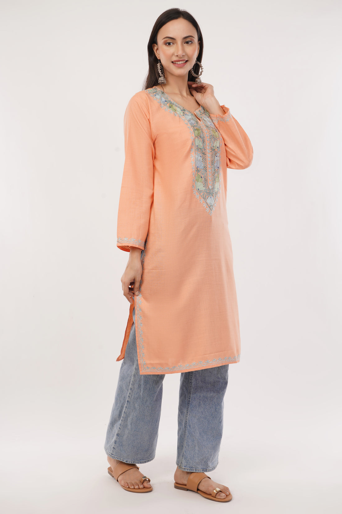 Kashmiri Aari embroidery Cotton Long Kurti Size-38 (Peach)