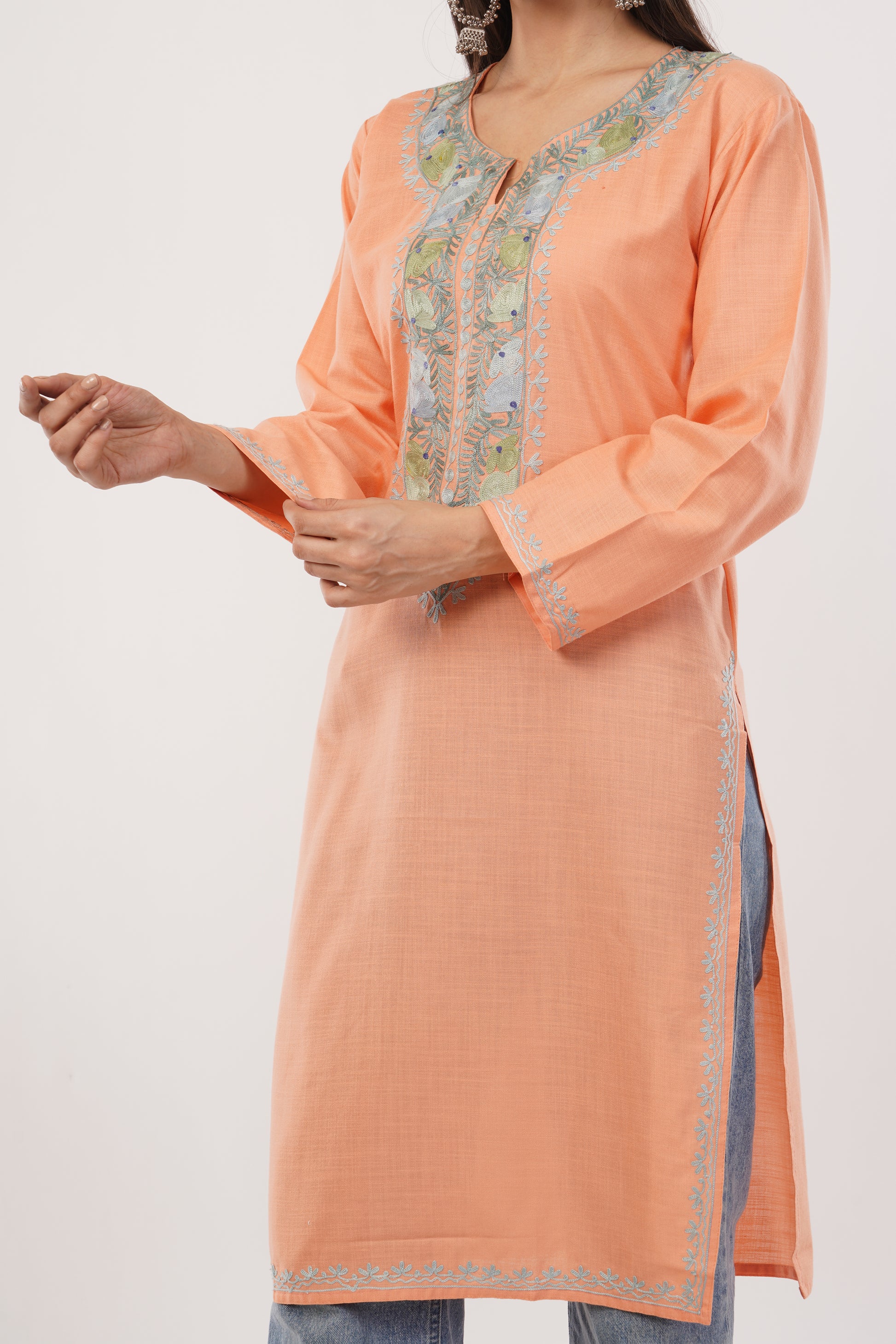 Kashmiri Aari embroidery Cotton Long Kurti Size-38 (Peach)