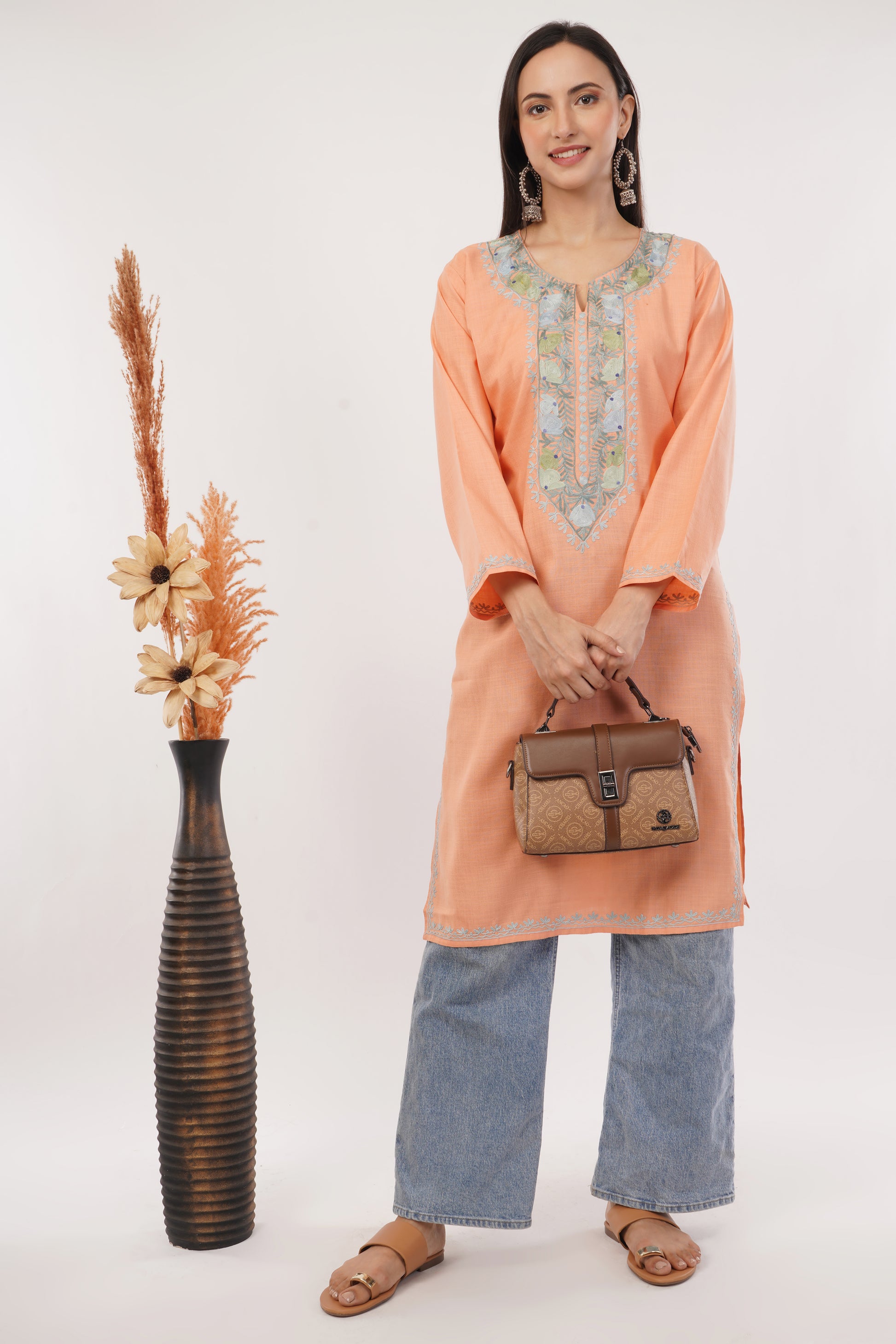 Kashmiri Aari embroidery Cotton Long Kurti Size-38 (Peach)