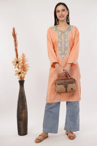 Kashmiri Aari embroidery Cotton Long Kurti Size-38 (Peach)