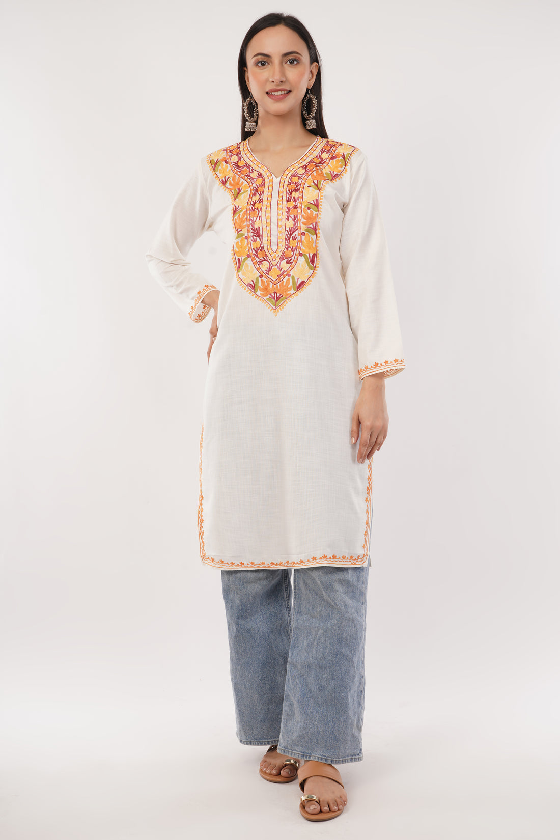 Kashmiri Aari embroidery Cotton Long Kurti Size-38 (White)