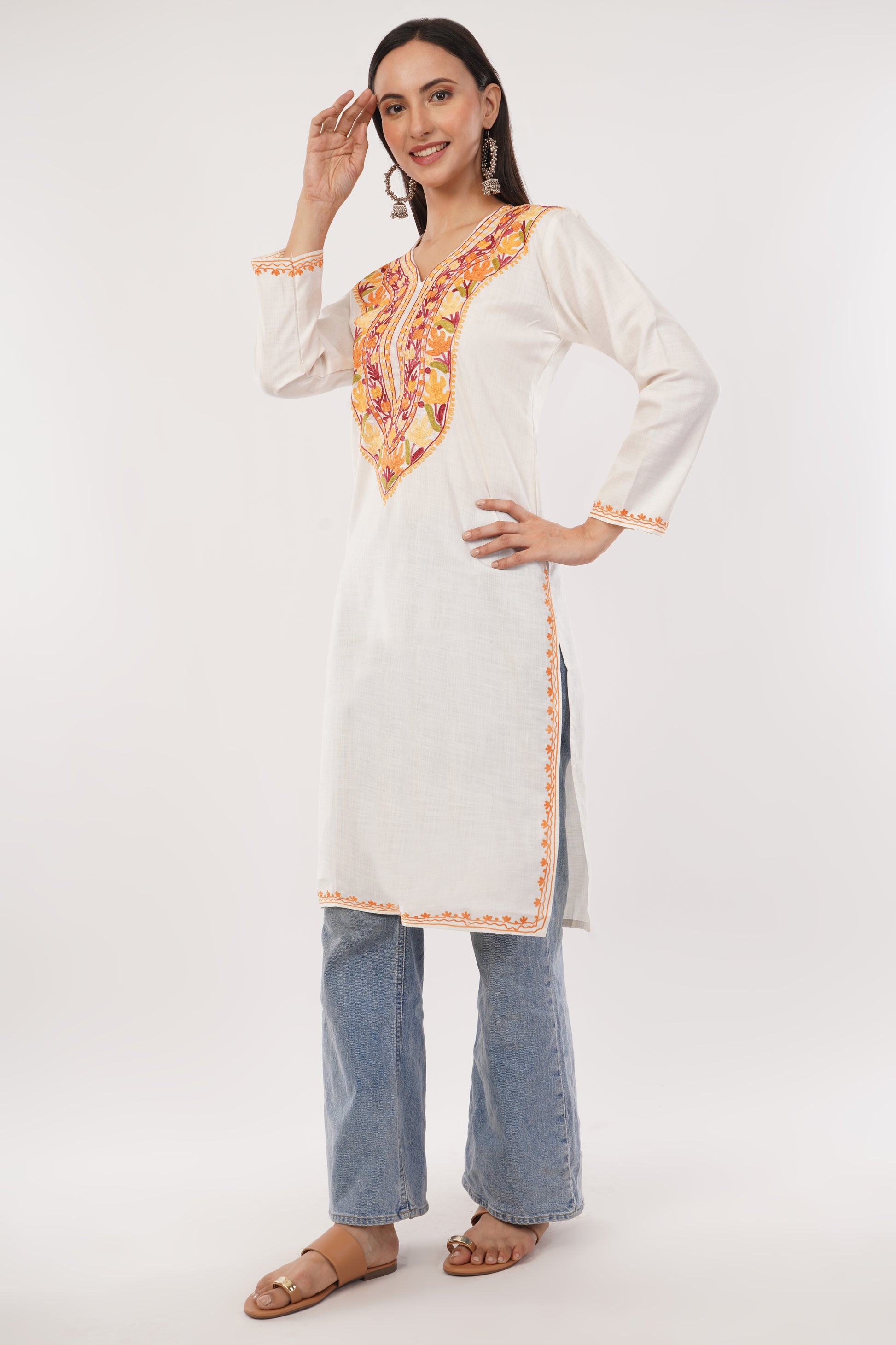 Kashmiri Aari embroidery Cotton Long Kurti Size-38 (White)