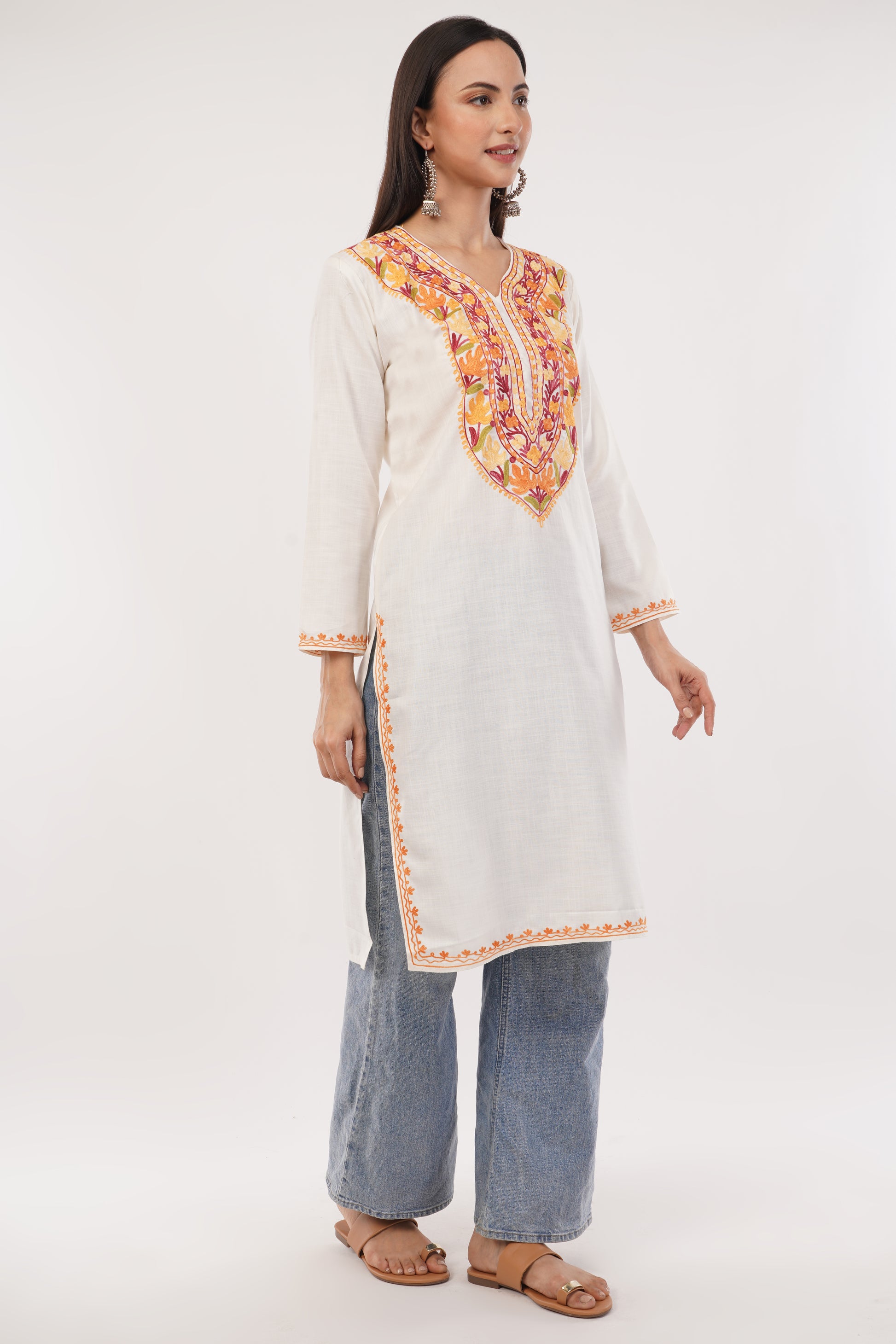 Kashmiri Aari embroidery Cotton Long Kurti Size-38 (White)