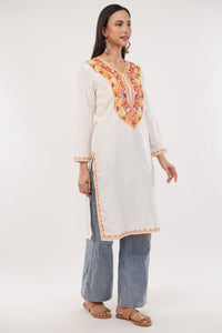 Kashmiri Aari embroidery Cotton Long Kurti Size-38 (White)