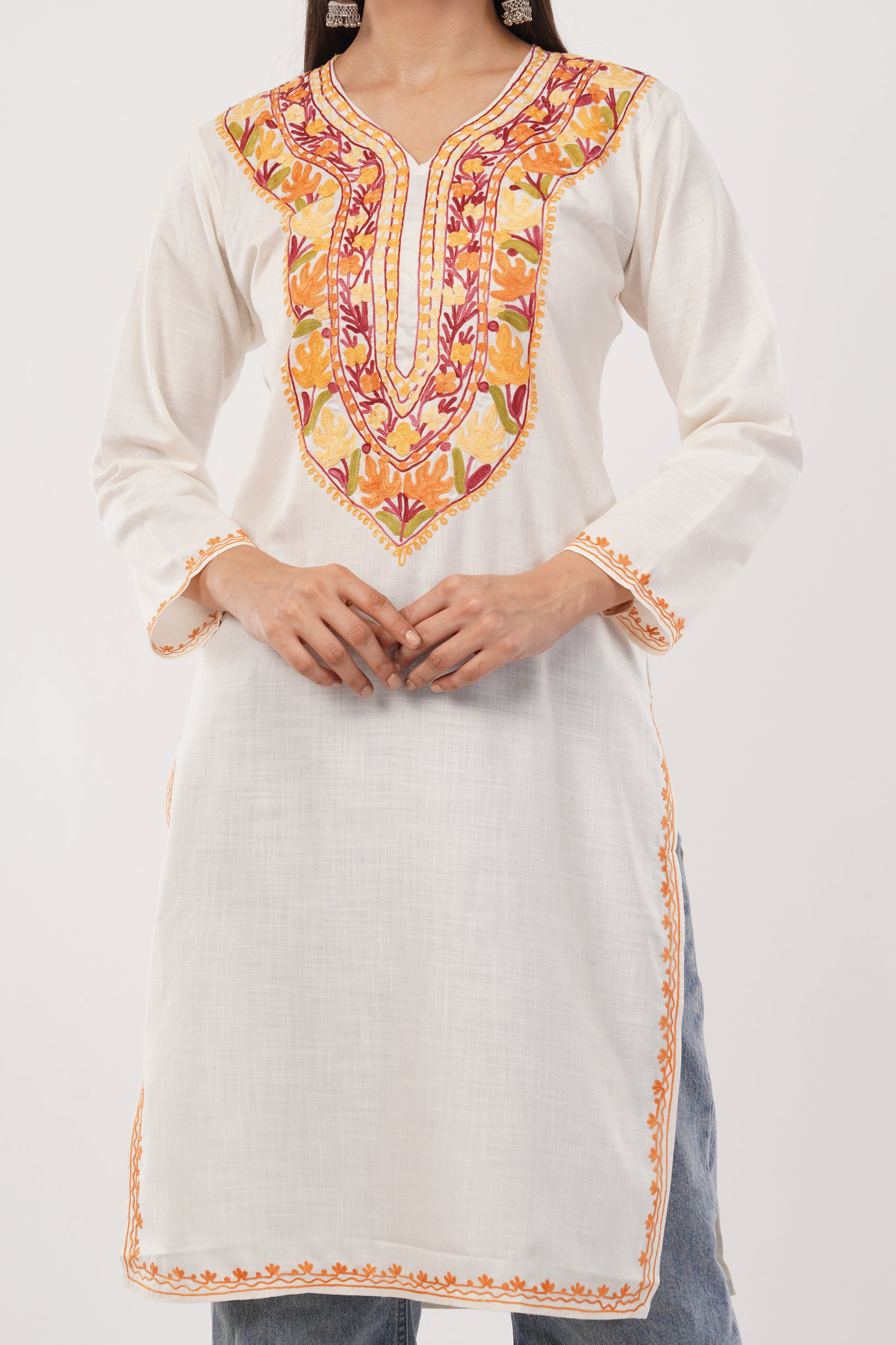 Kashmiri Aari embroidery Cotton Long Kurti Size-38 (White)