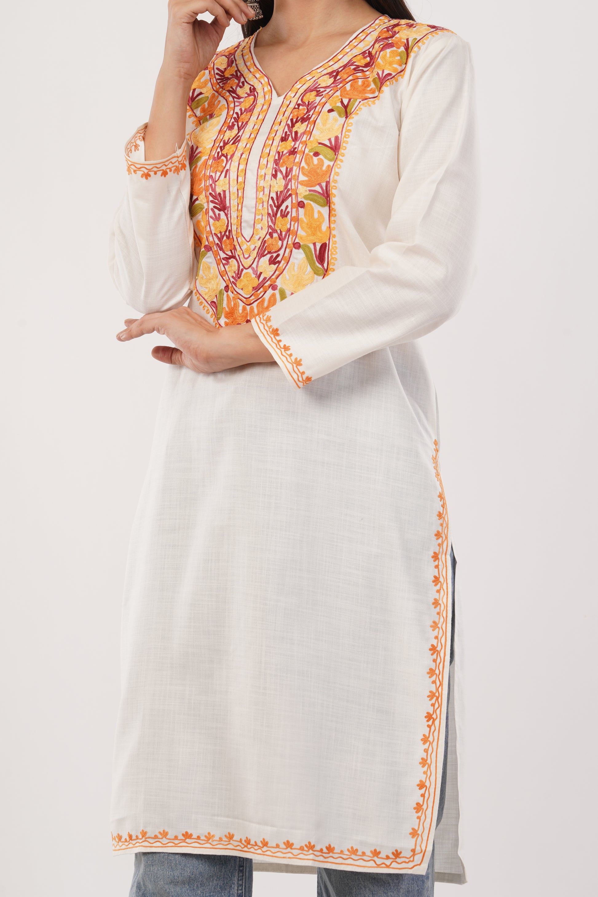 Kashmiri Aari embroidery Cotton Long Kurti Size-38 (White)