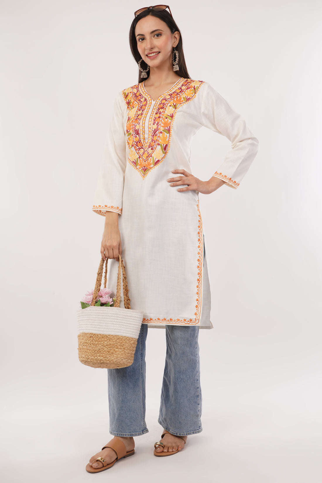 Kashmiri Aari embroidery Cotton Long Kurti Size-38 (White)