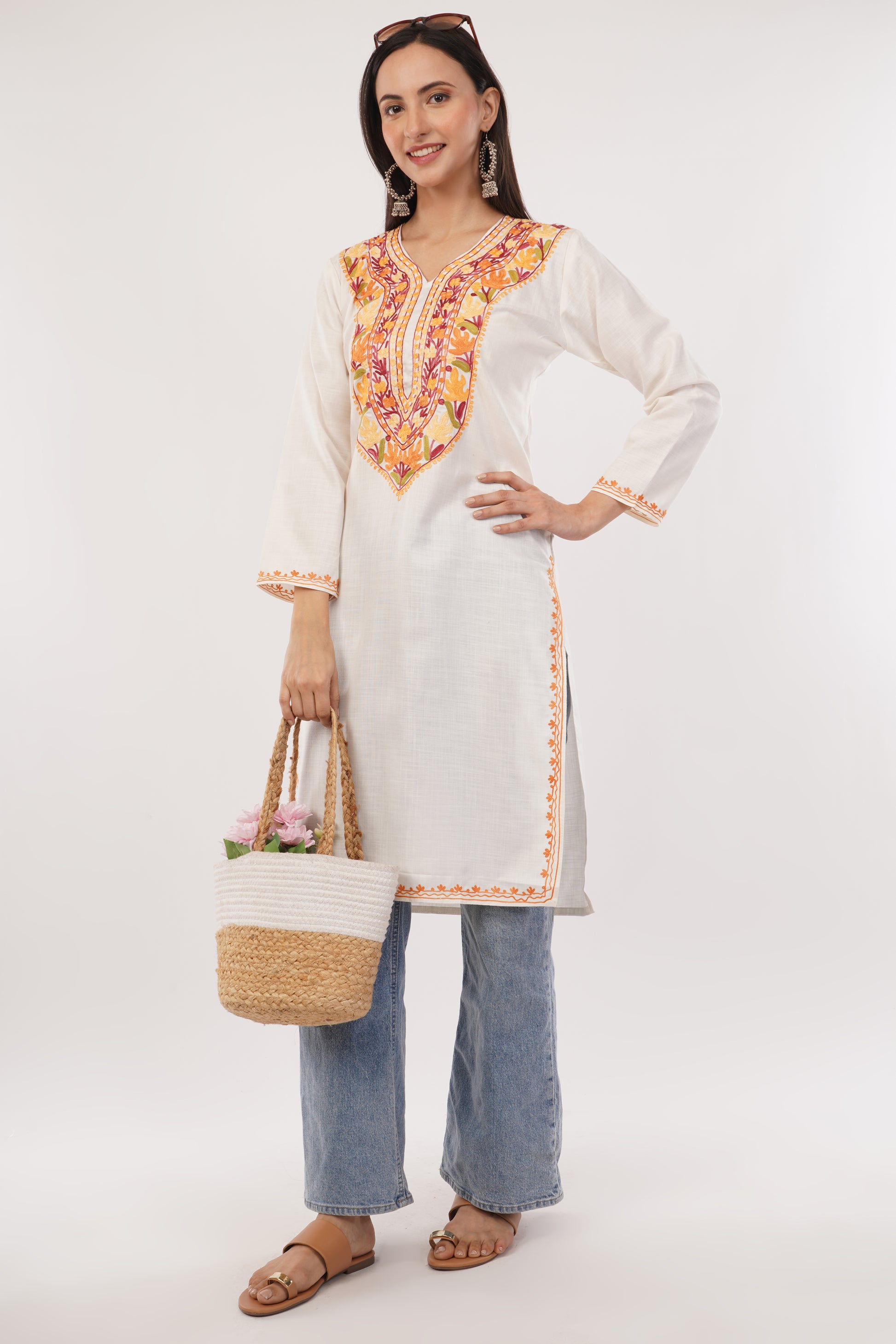 Kashmiri Aari embroidery Cotton Long Kurti Size-38 (White)