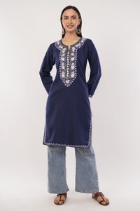 Kashmiri Aari embroidery Cotton Long Kurti Size-38 (Navy Blue)
