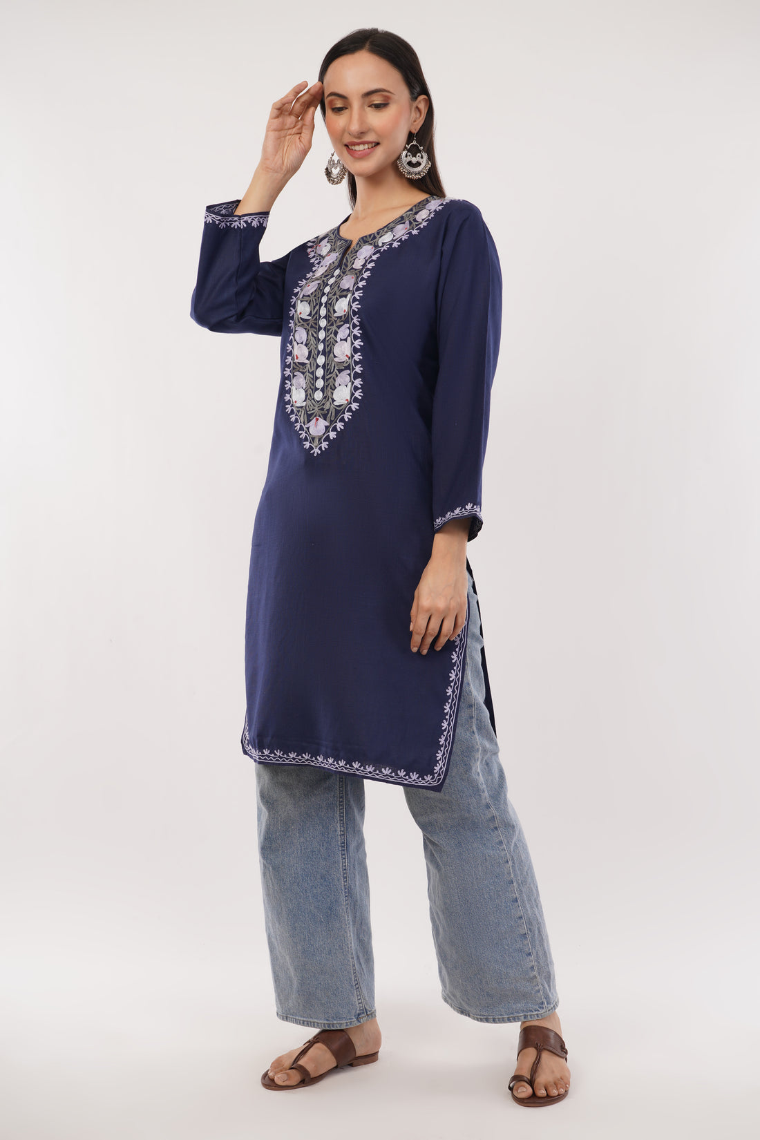 Kashmiri Aari embroidery Cotton Long Kurti Size-38 (Navy Blue)