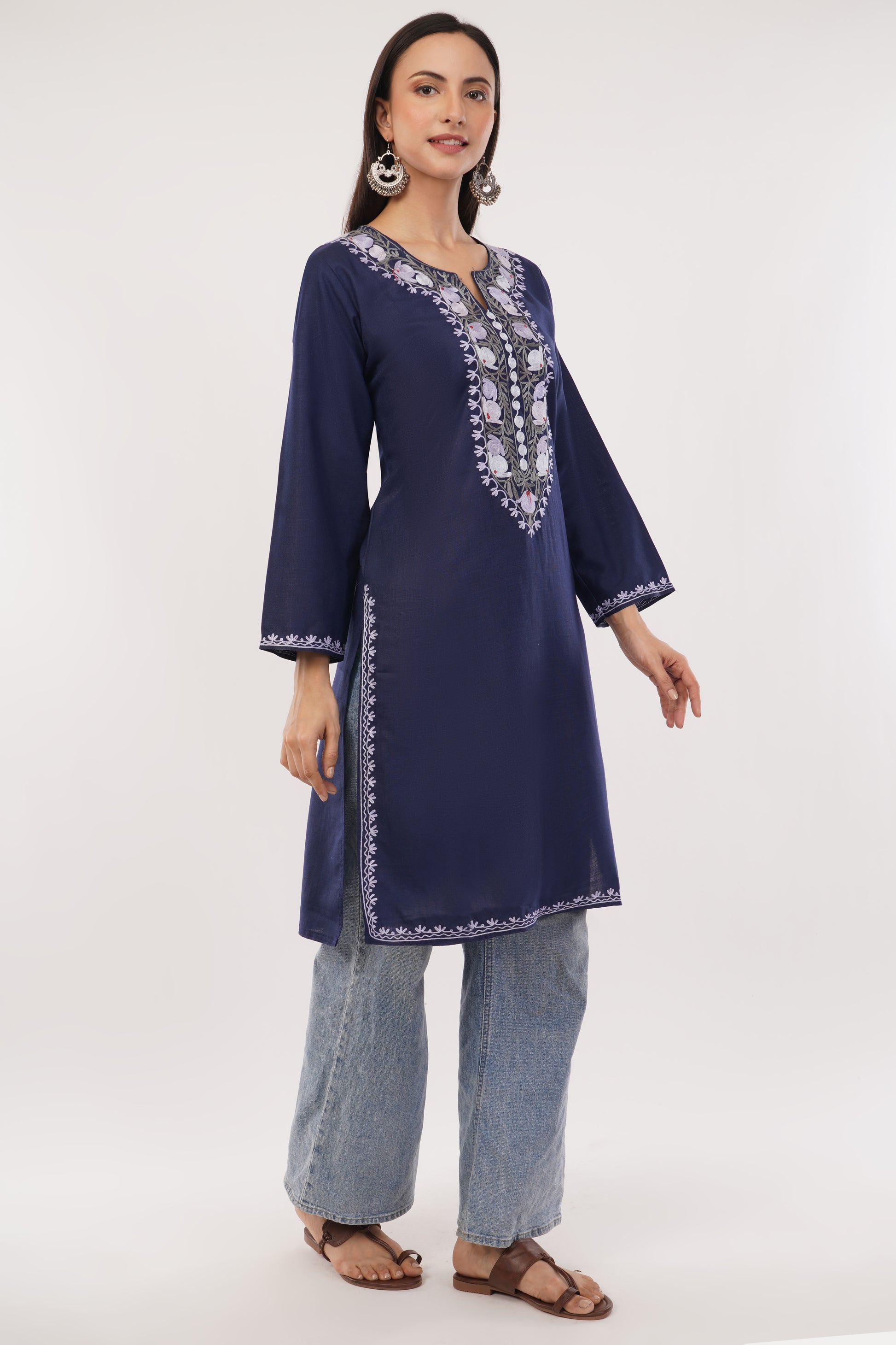 Kashmiri Aari embroidery Cotton Long Kurti Size-38 (Navy Blue)