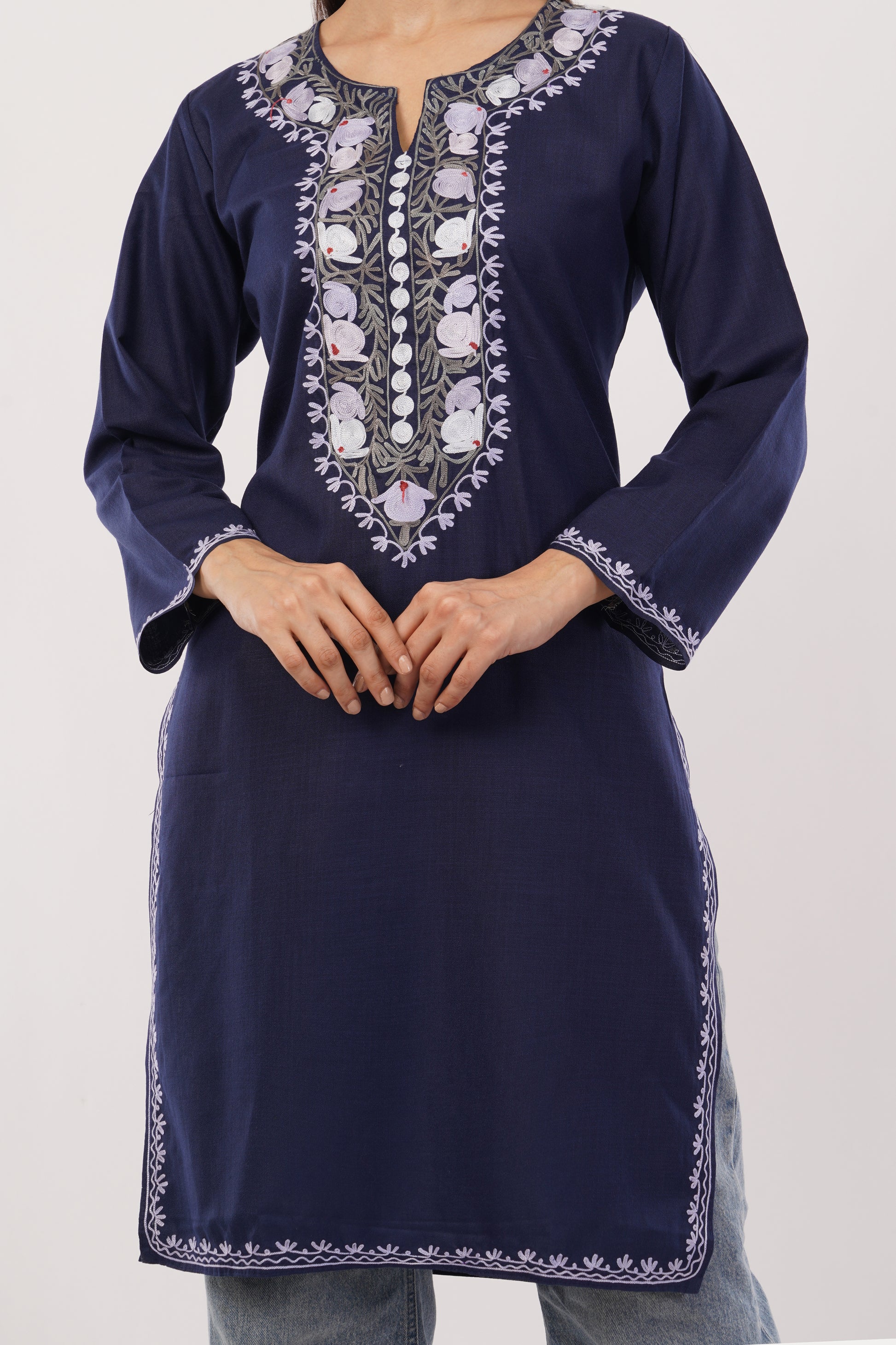 Kashmiri Aari embroidery Cotton Long Kurti Size-38 (Navy Blue)