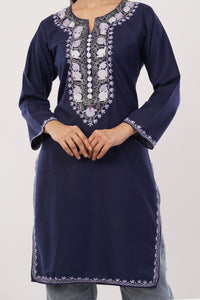 Kashmiri Aari embroidery Cotton Long Kurti Size-38 (Navy Blue)