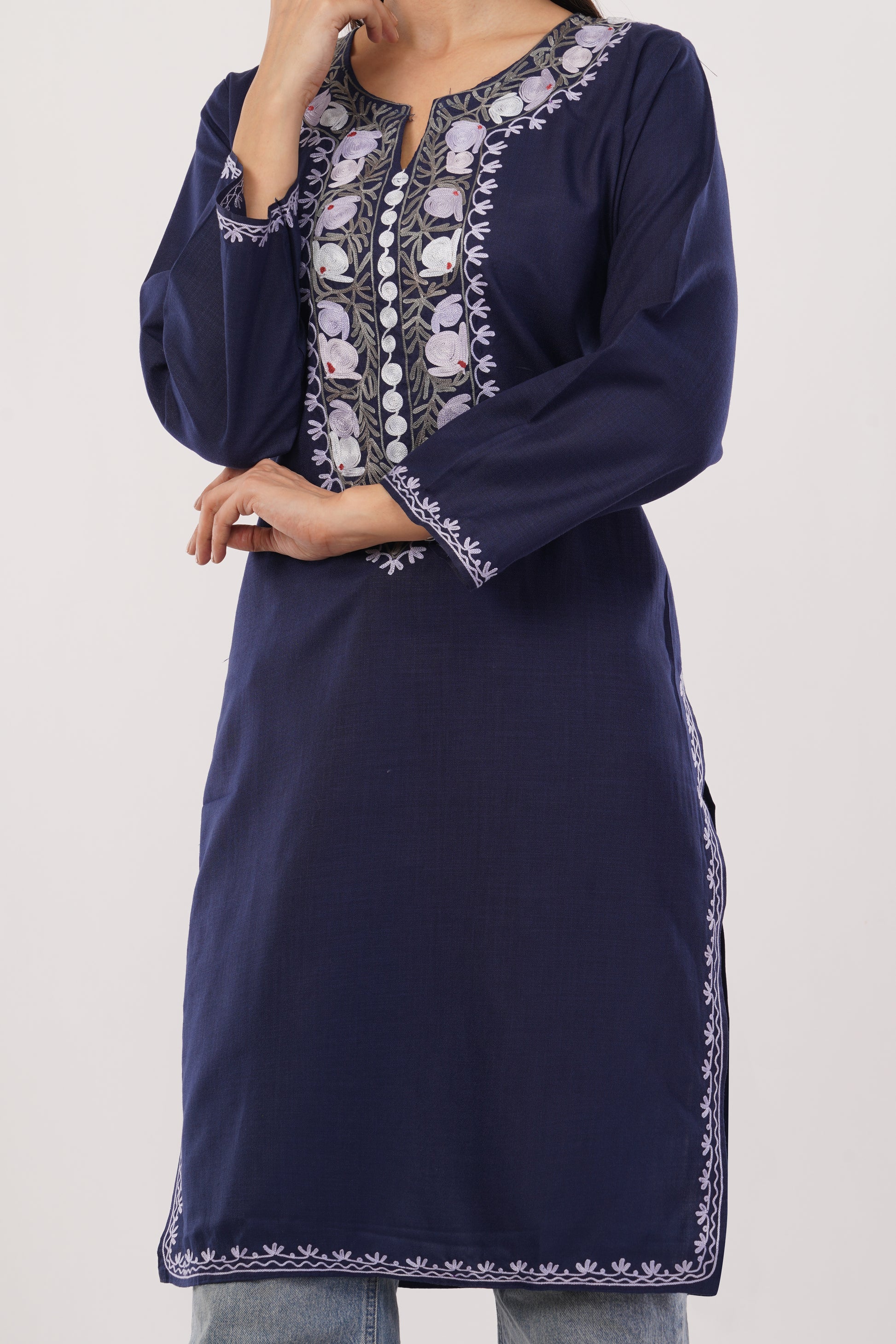Kashmiri Aari embroidery Cotton Long Kurti Size-38 (Navy Blue)