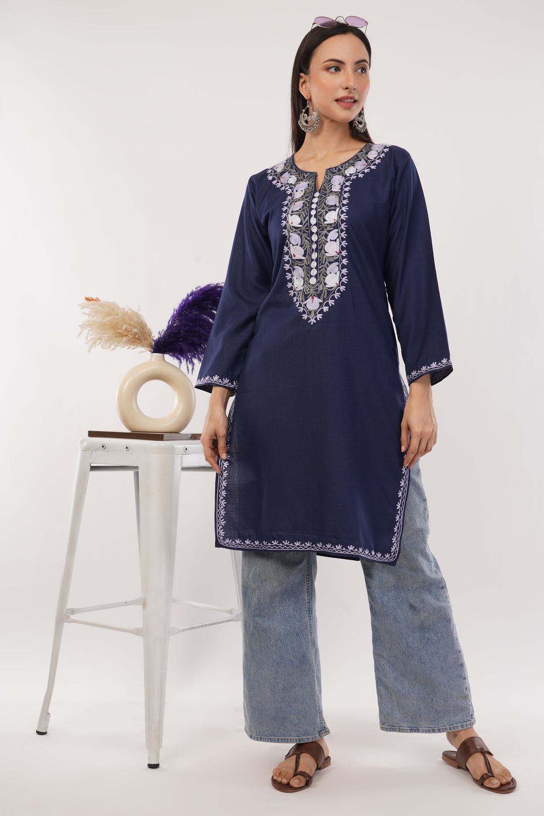 Kashmiri Aari embroidery Cotton Long Kurti Size-38 (Navy Blue)
