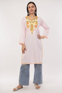 Kashmiri Aari embroidery Cotton Long Kurti Size-38 (Baby Pink)