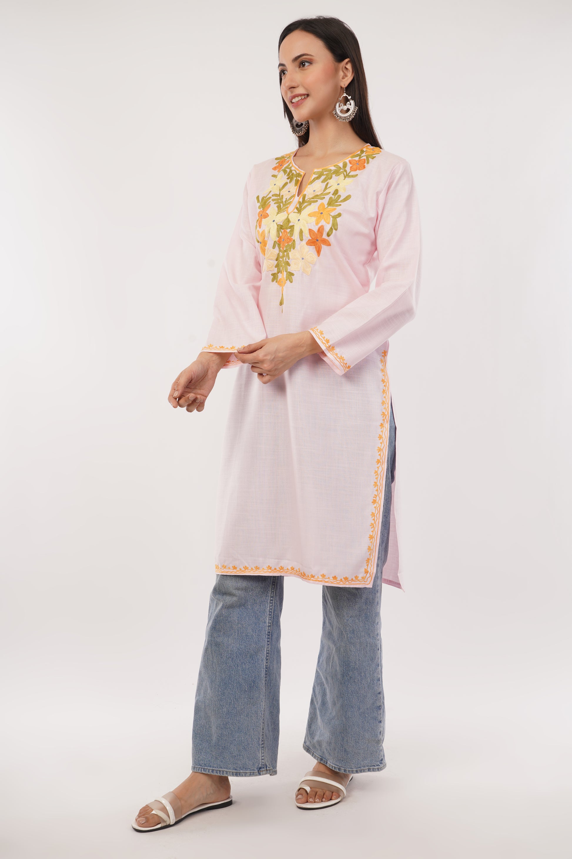Kashmiri Aari embroidery Cotton Long Kurti Size-38 (Baby Pink)