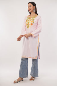 Kashmiri Aari embroidery Cotton Long Kurti Size-38 (Baby Pink)