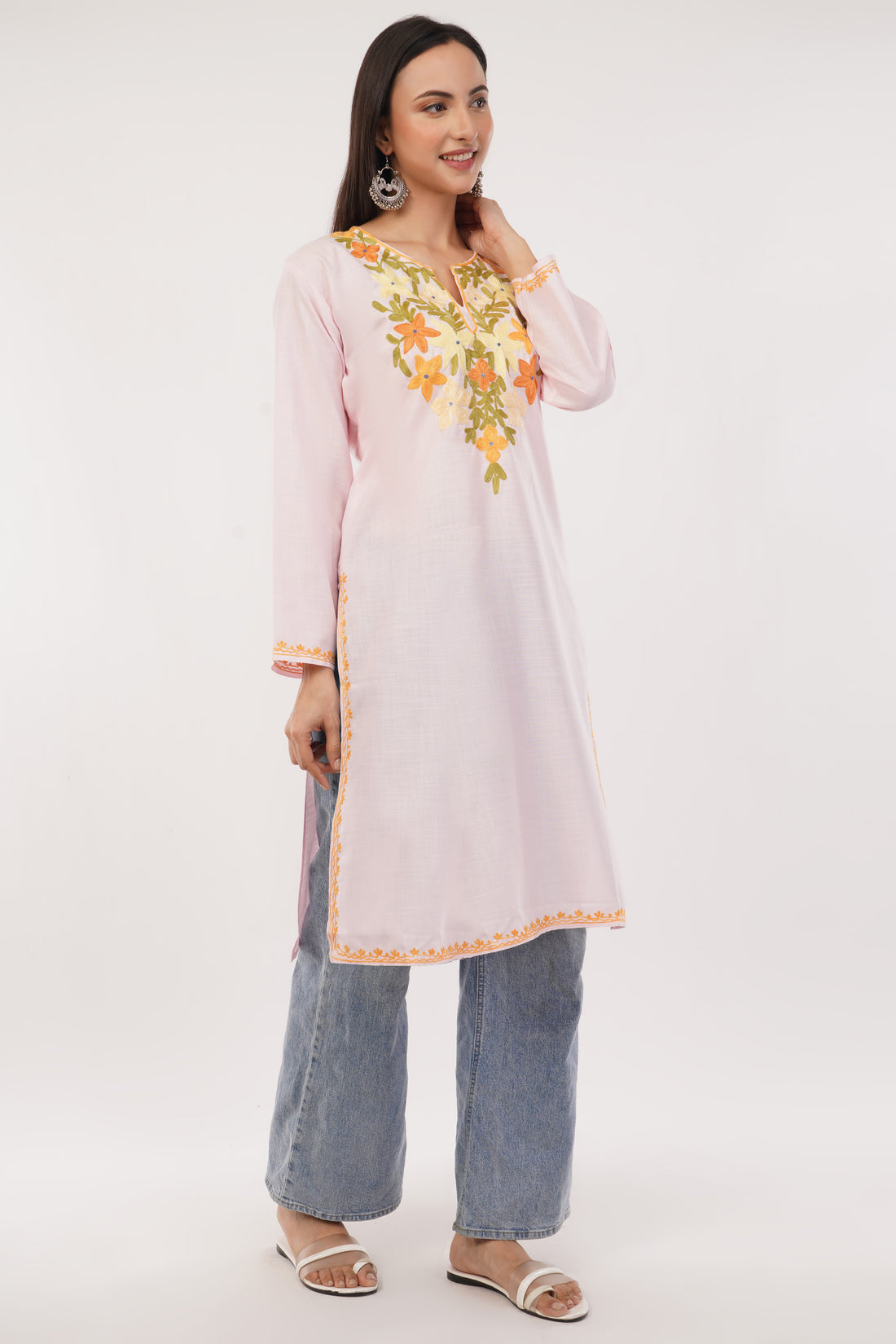 Kashmiri Aari embroidery Cotton Long Kurti Size-38 (Baby Pink)