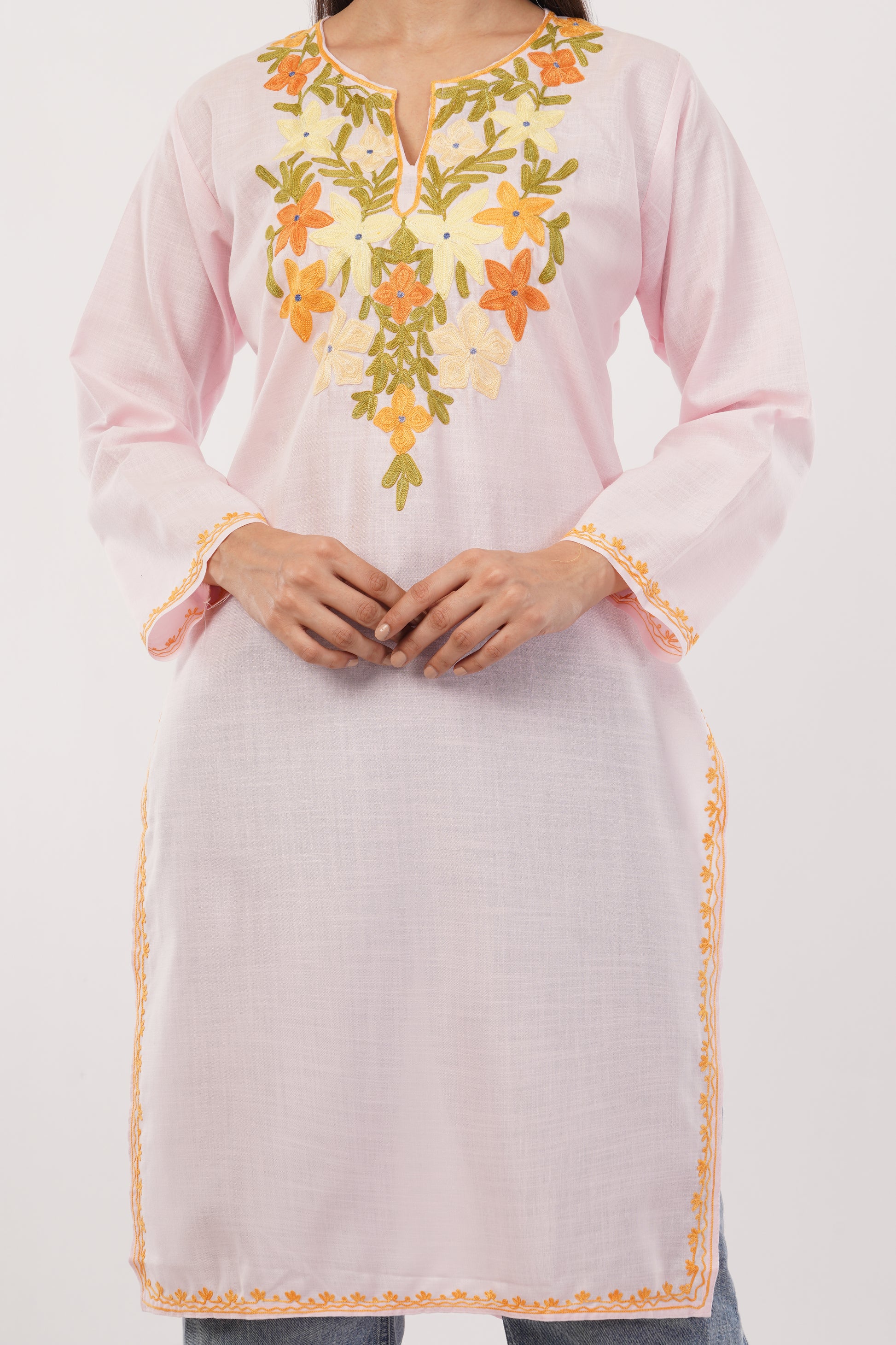 Kashmiri Aari embroidery Cotton Long Kurti Size-38 (Baby Pink)